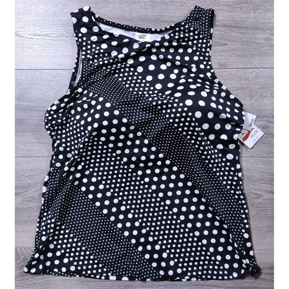 Lands End Tankini Womens 12 Black Polka Dot Highneck Swimwear 513786